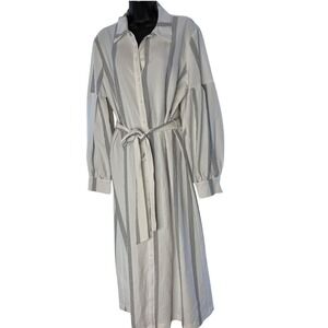 Calvin Klein Womens Striped Midi Shirt Dress White Grey Puff Sleeve Size 12